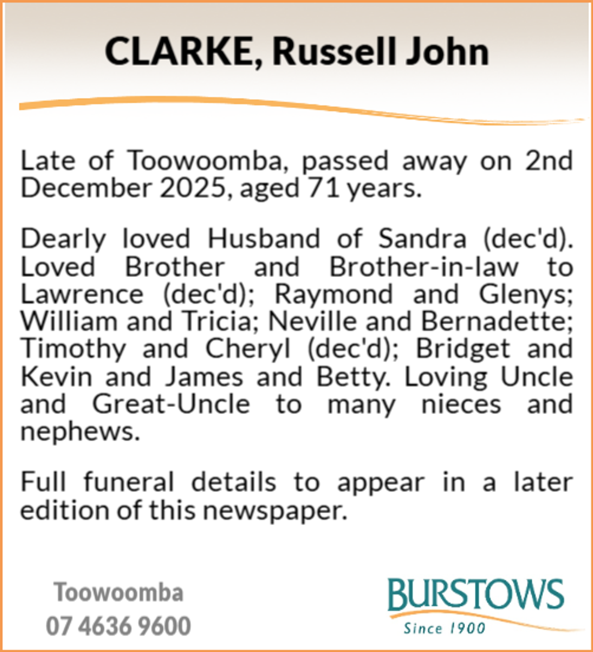 Funeral notice for Russell John Clarke
