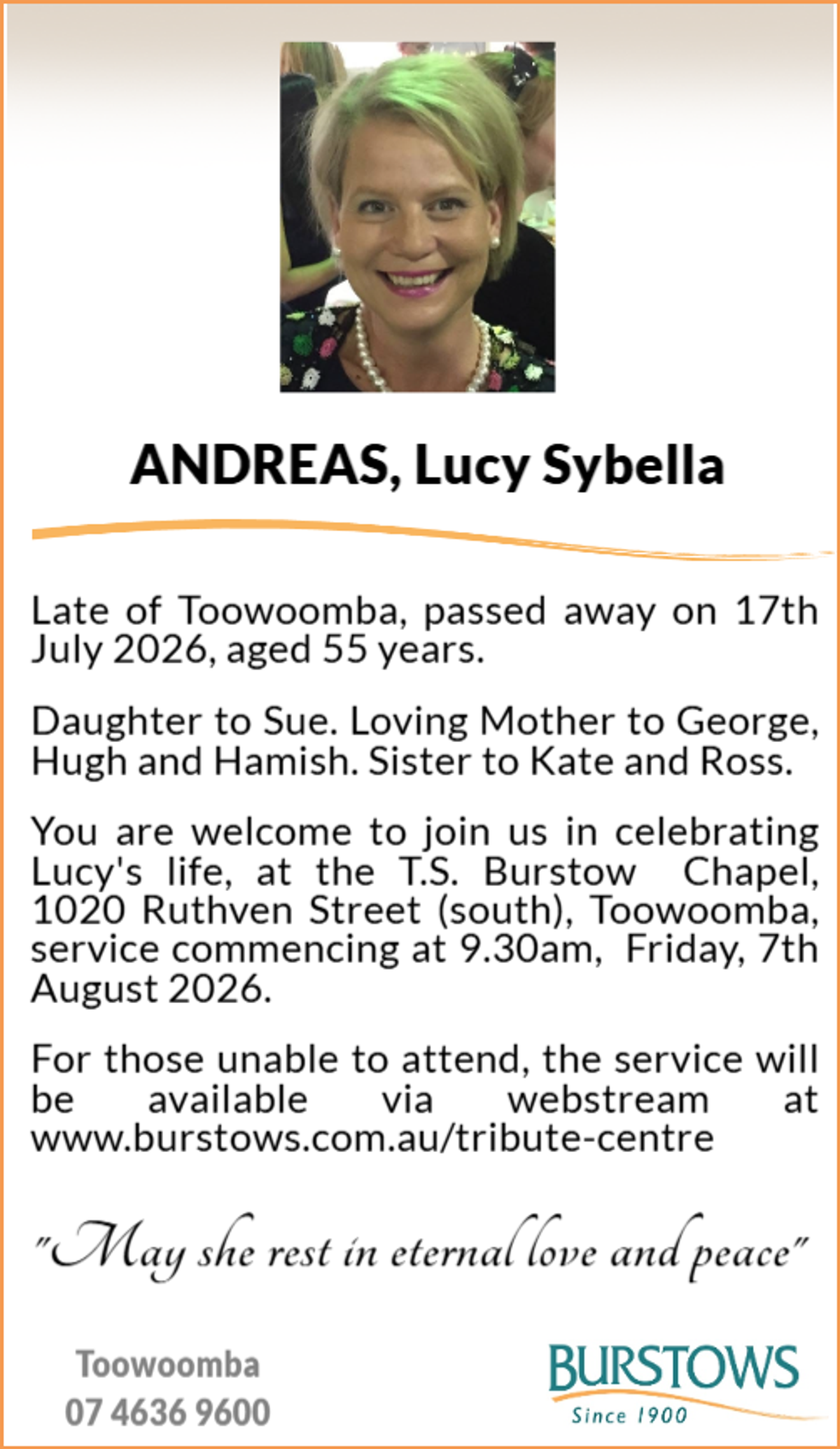 Funeral notice for Lucy Sybella Andreas