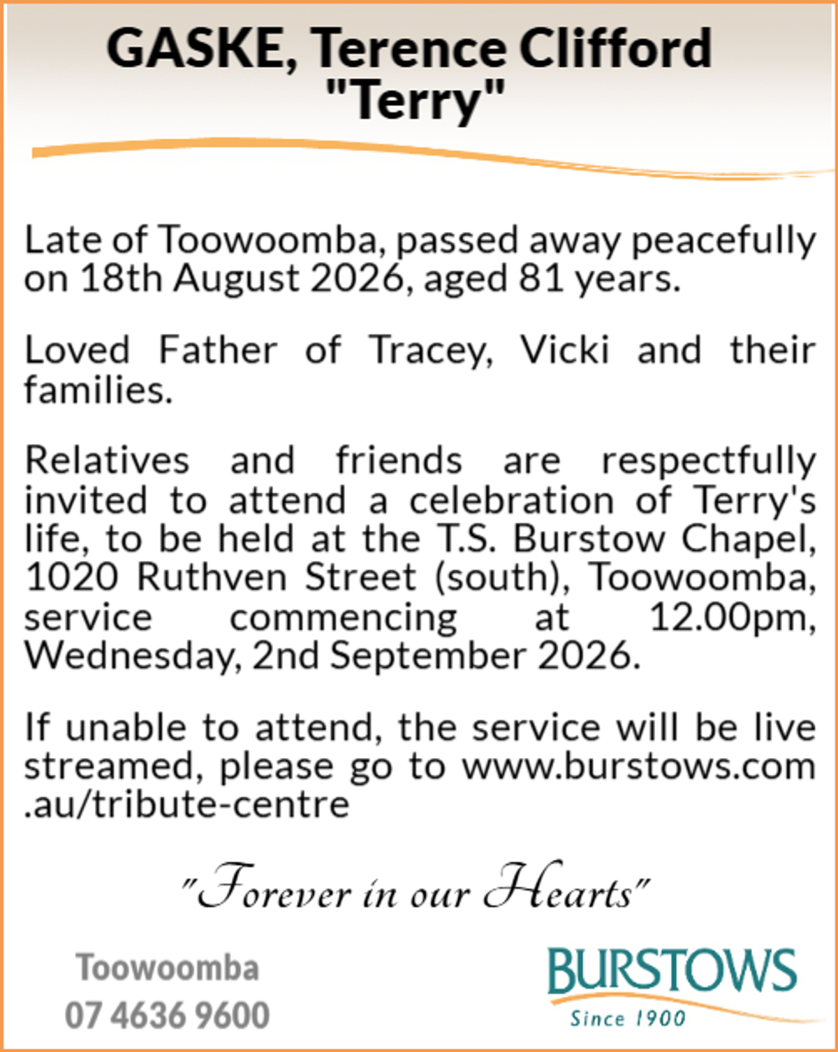 Funeral notice for Terence Clifford Gaske