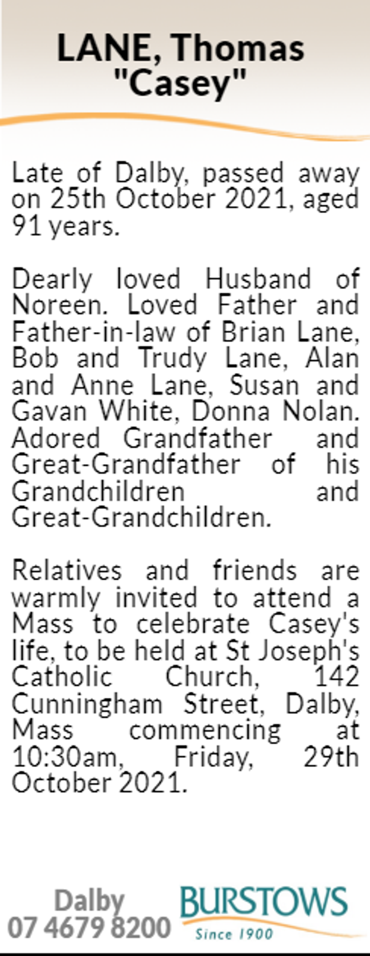 Funeral notice for Thomas Lane