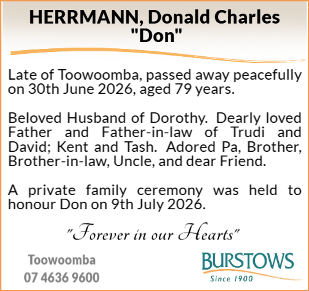 Funeral notice for Donald Charles Herrmann