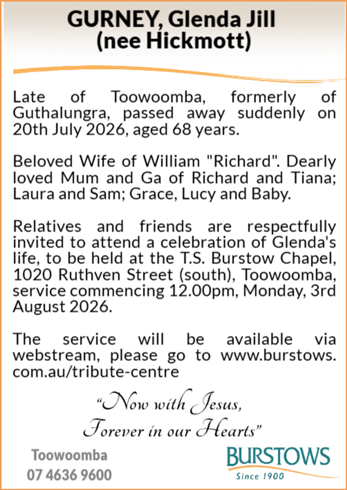 Funeral notice for Glenda Jill Gurney
