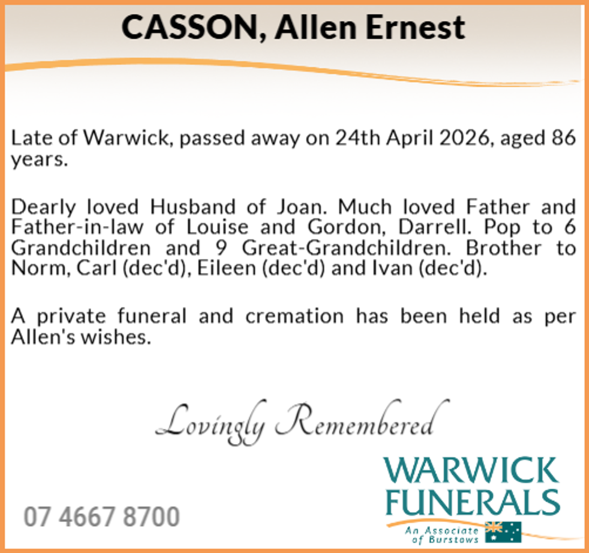 Funeral notice for Allen Ernest Casson