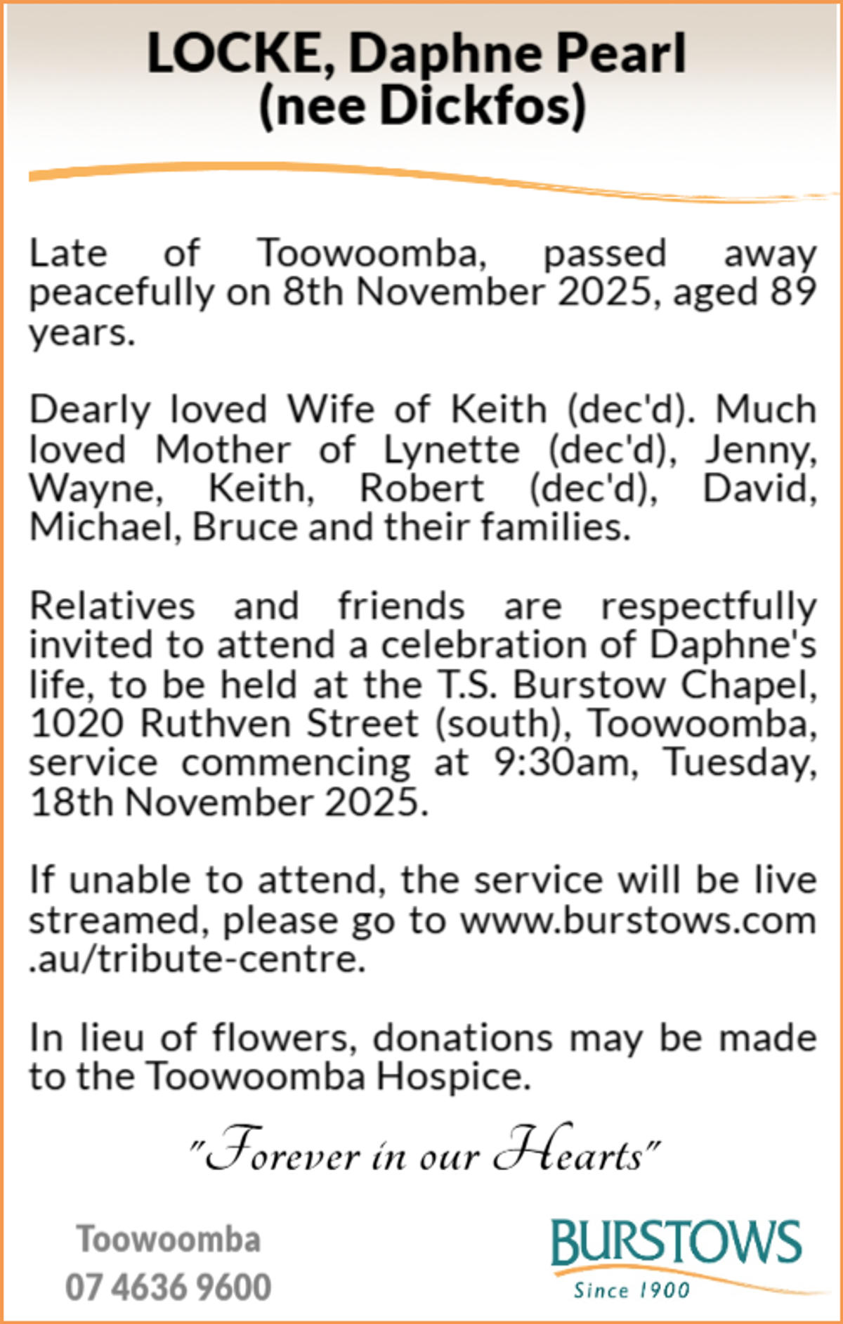 Funeral notice for Daphne Pearl Locke