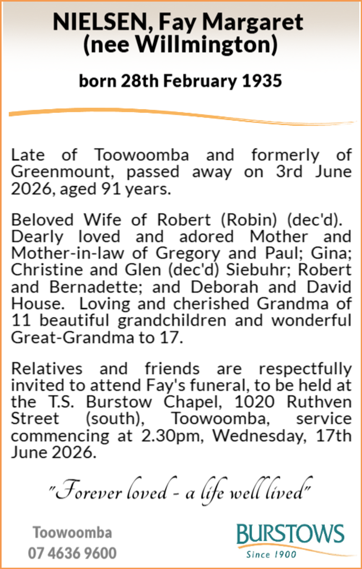 Funeral notice for Fay Margaret Nielsen