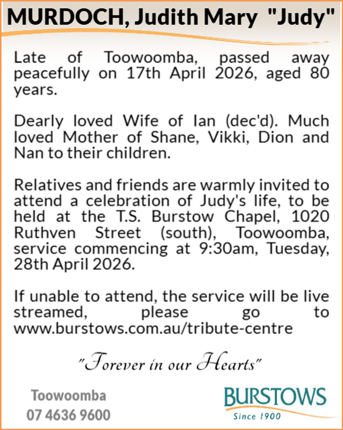 Funeral notice for Judith Mary Murdoch