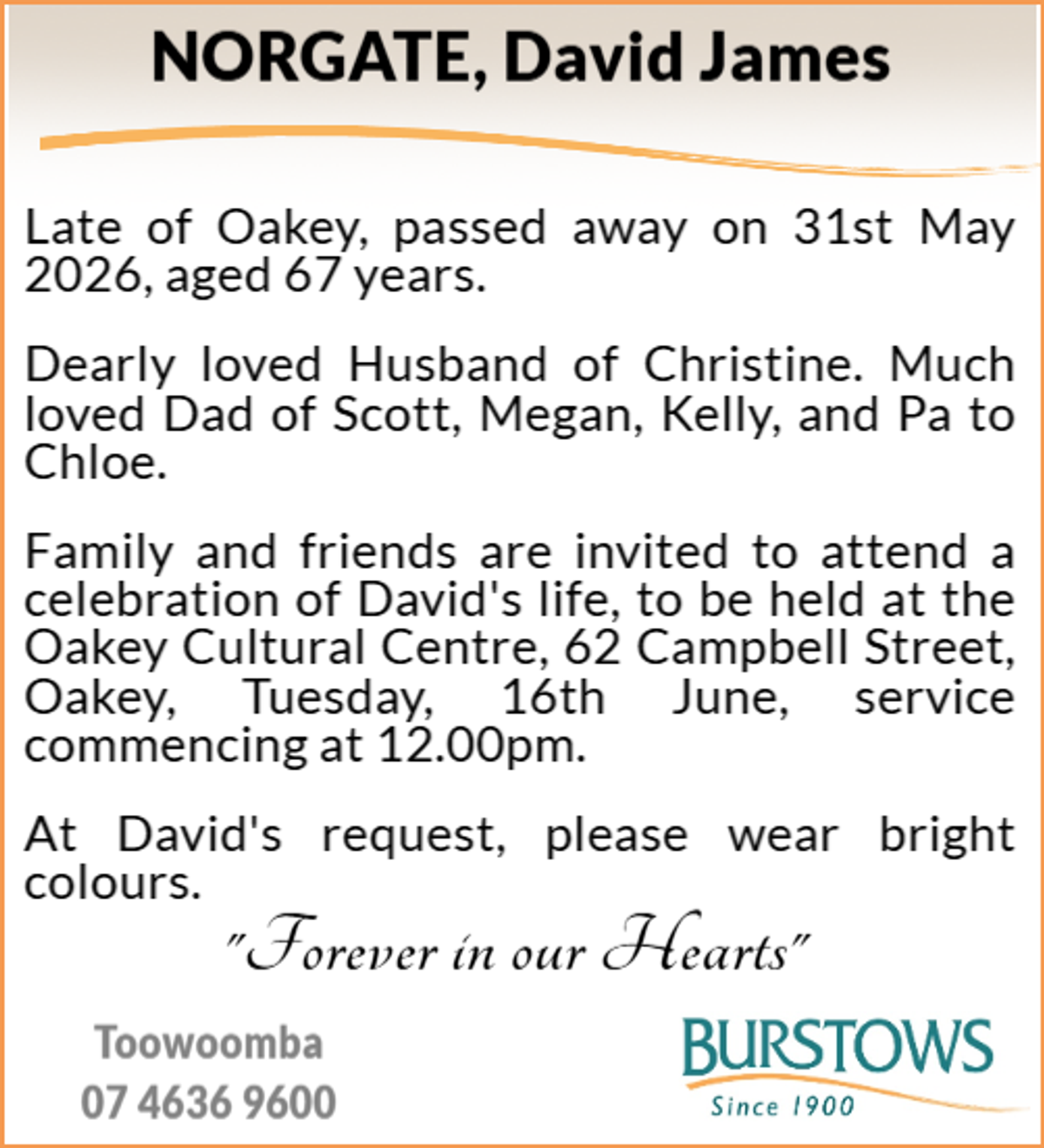 Funeral notice for David James Norgate