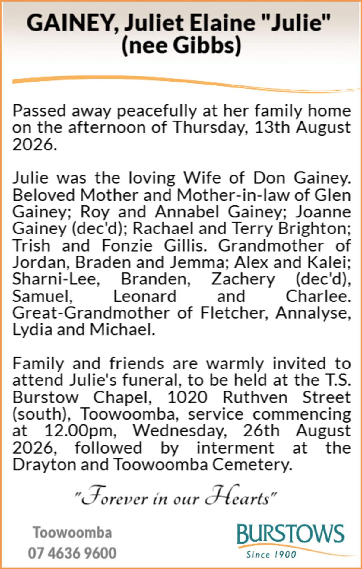Funeral notice for Juliet Elaine Gainey