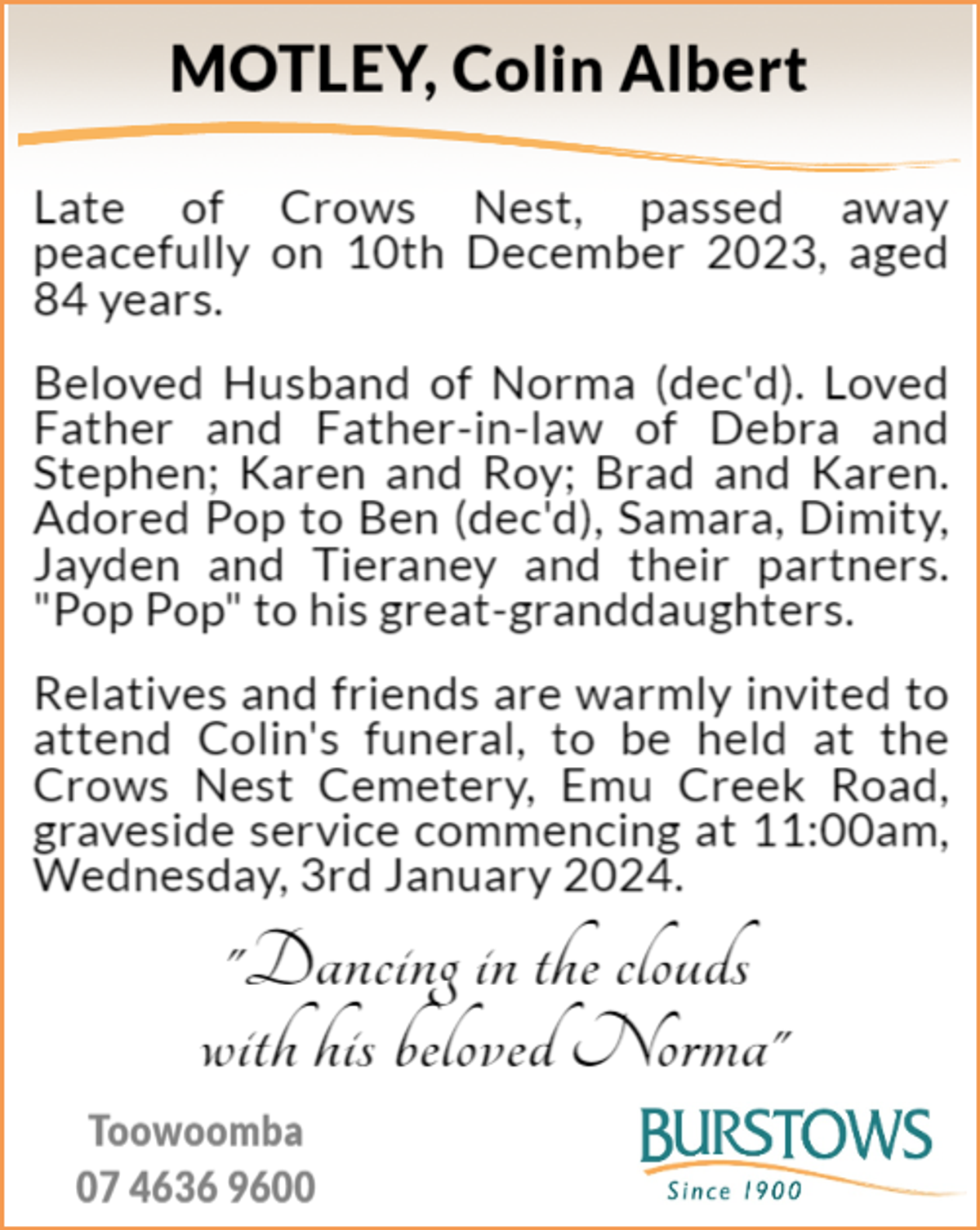 Funeral notice for Colin Albert Motley