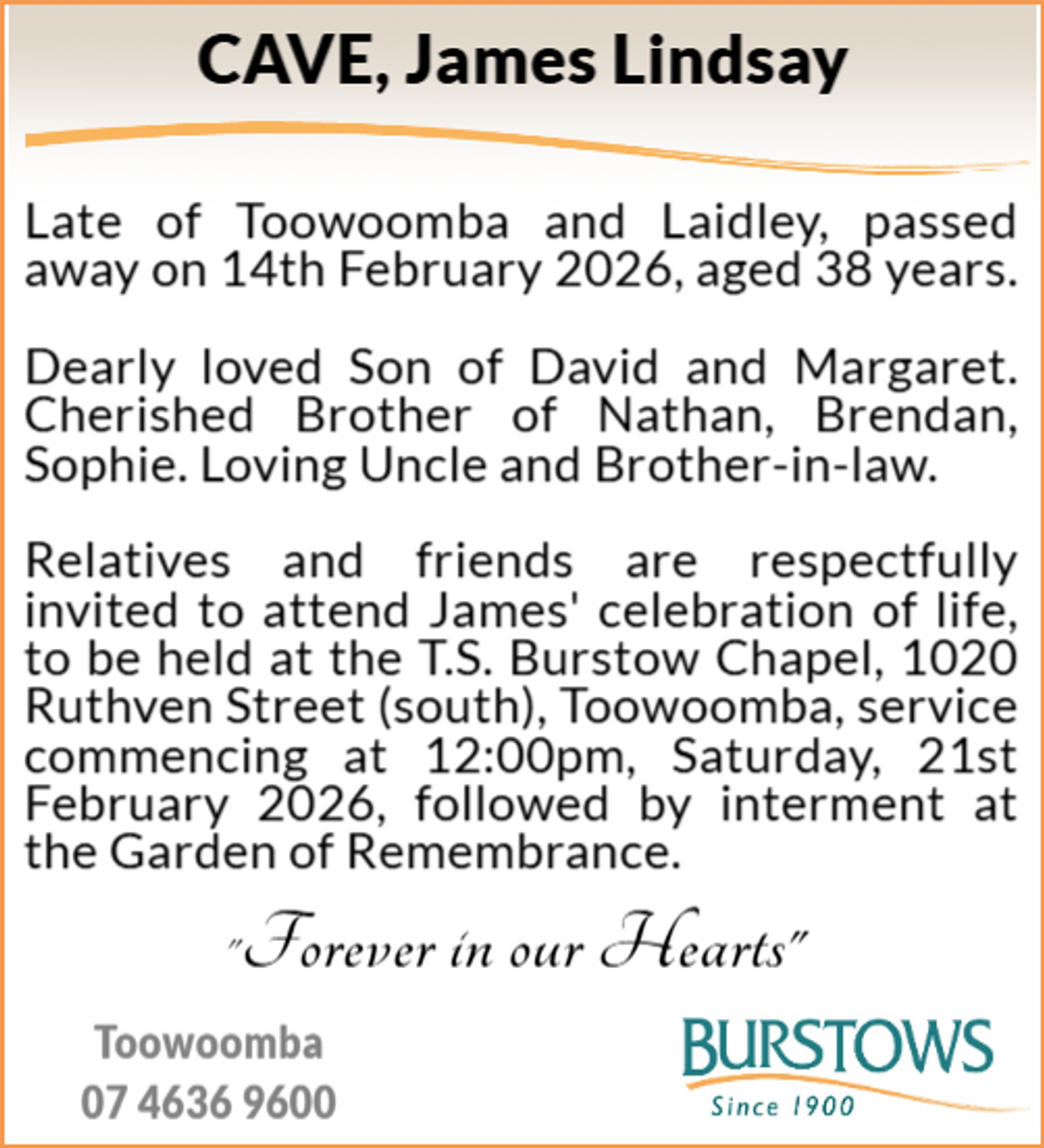 Funeral notice for James Lindsay Cave