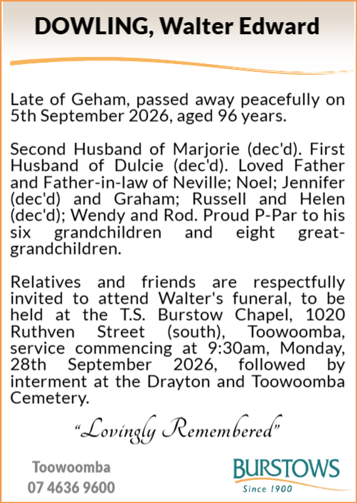 Funeral notice for Walter Edward Dowling
