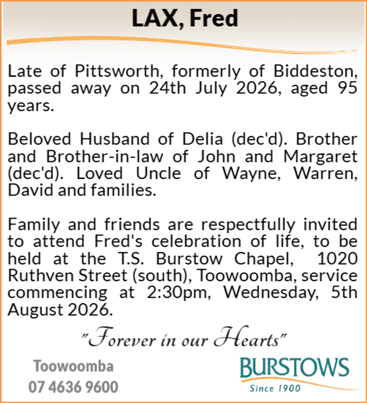 Funeral notice for Fred Lax