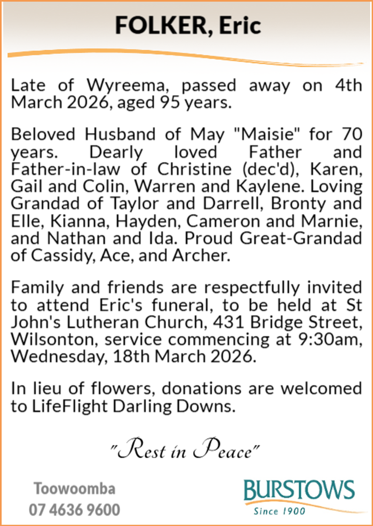 Funeral notice for Eric Folker