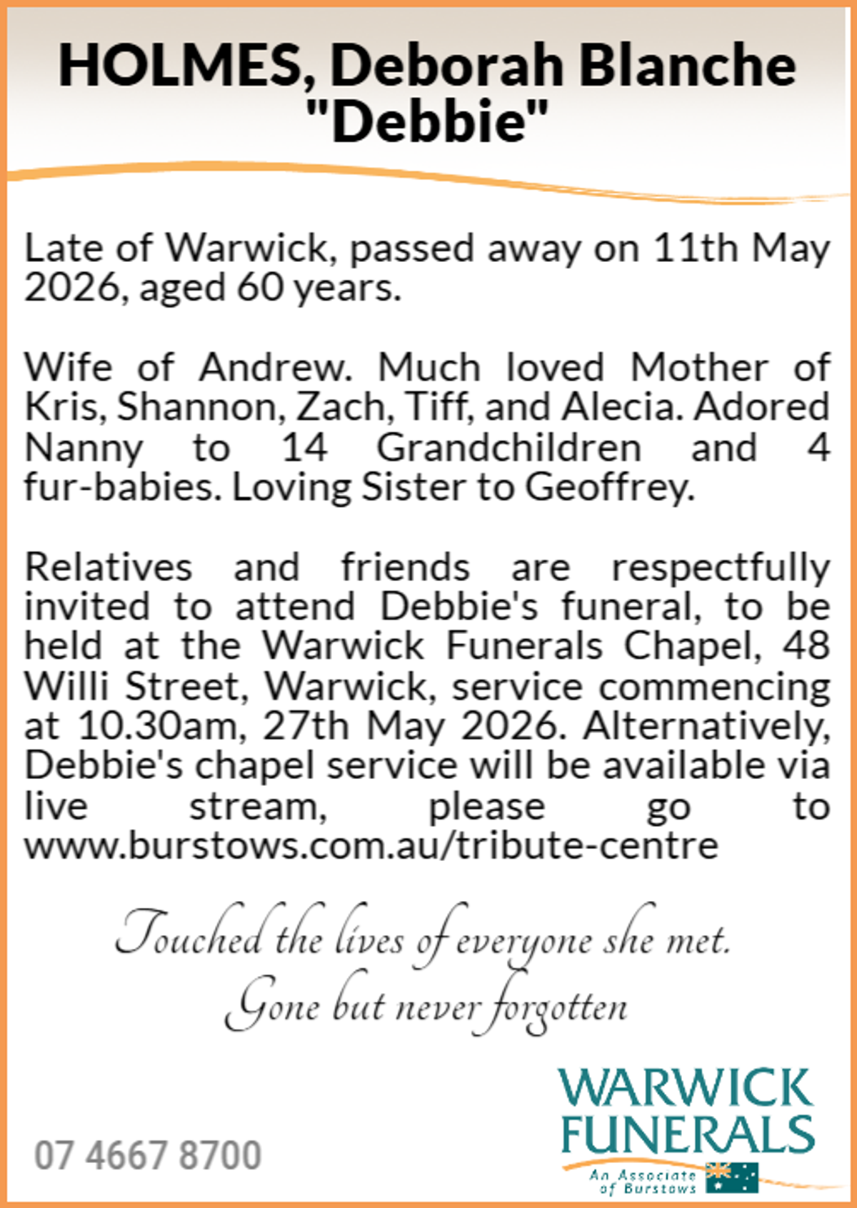 Funeral notice for Deborah Blanche Holmes