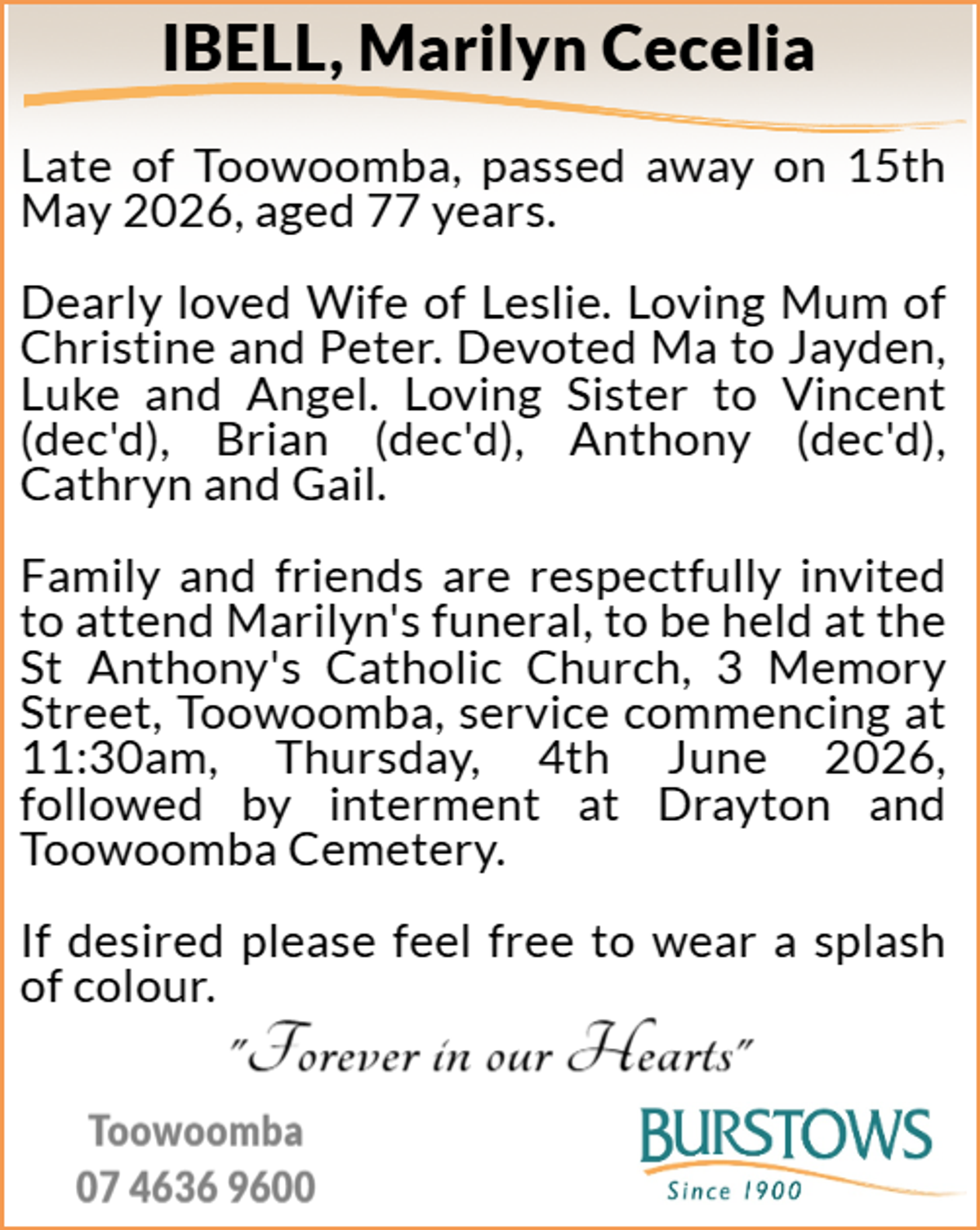 Funeral notice for Marilyn Cecelia Ibell