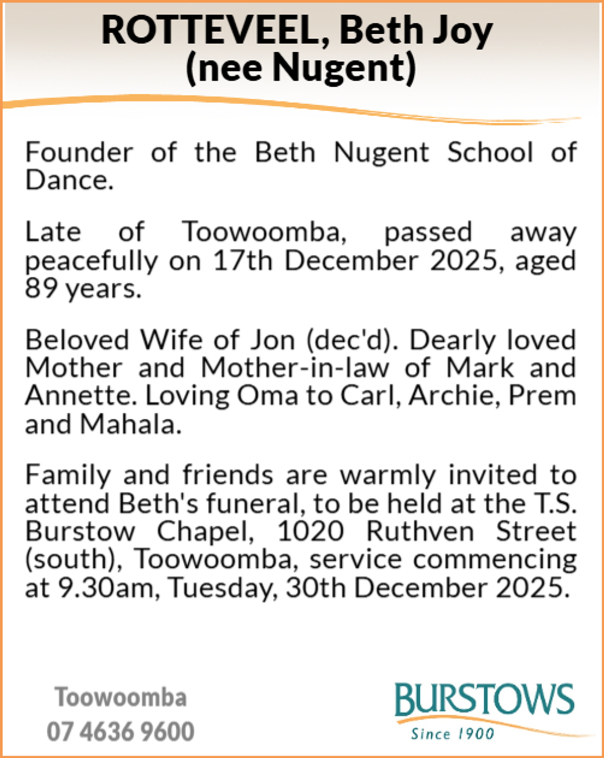 Funeral notice for Beth Joy Rotteveel