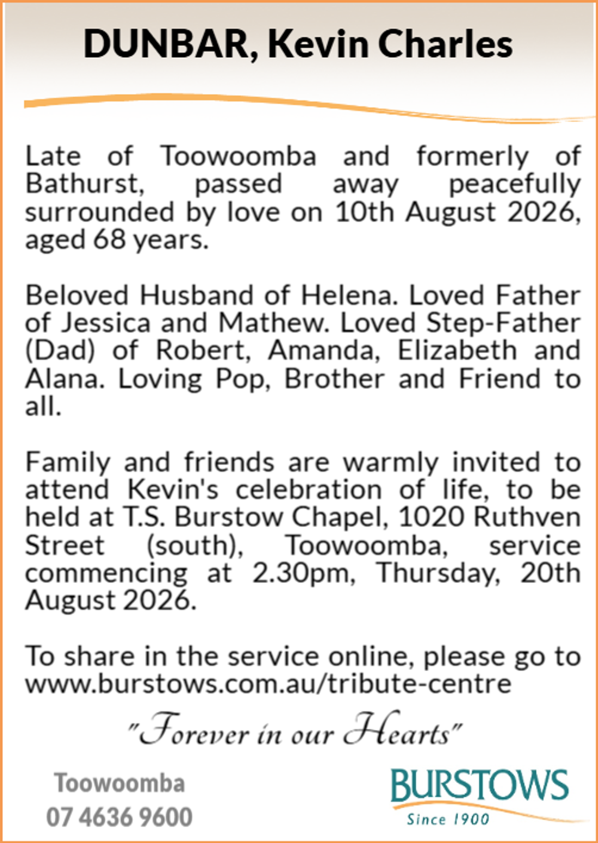 Funeral notice for Kevin Charles Dunbar