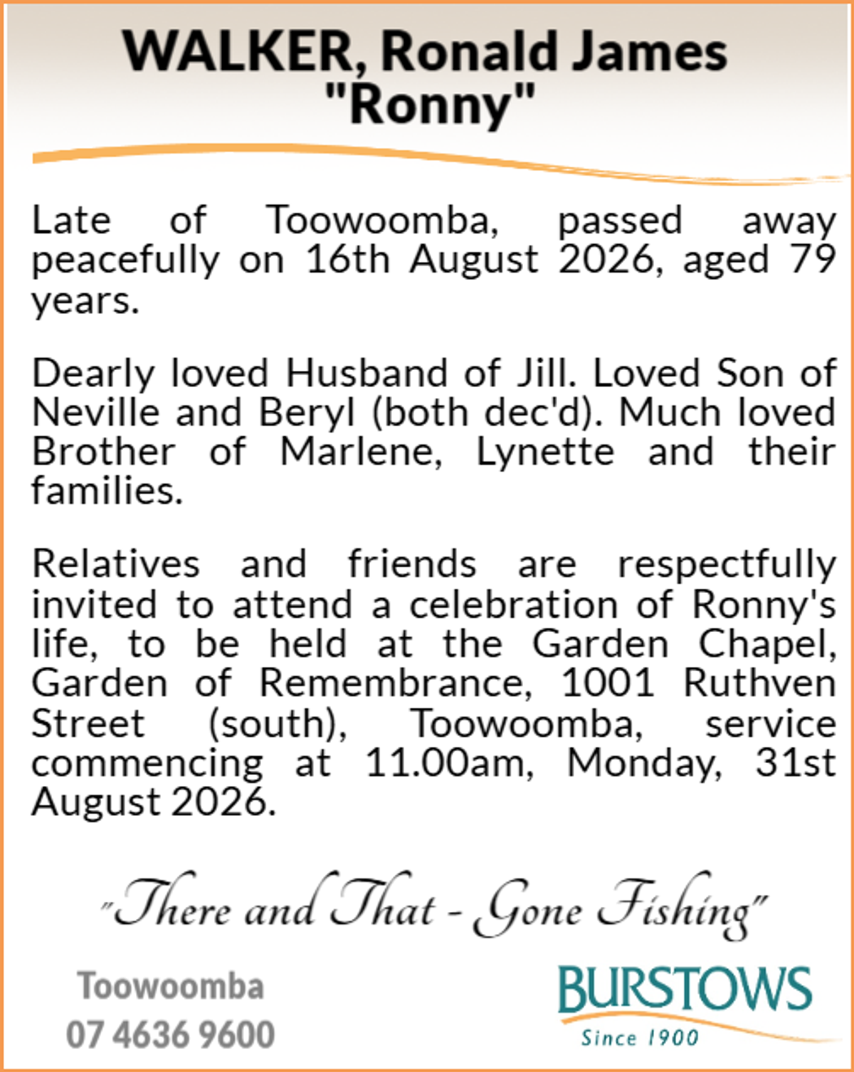Funeral notice for Ronald James Walker