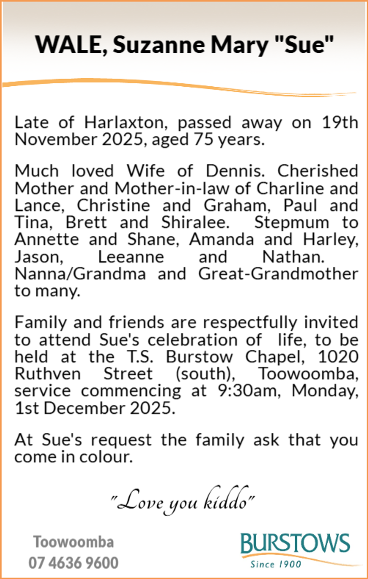 Funeral notice for Suzanne Mary Wale