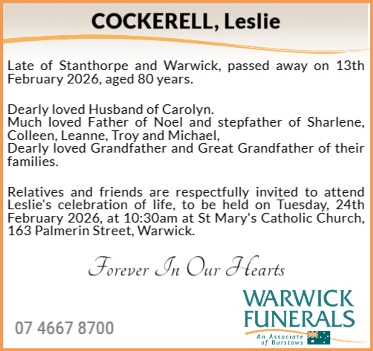 Funeral notice for Leslie Cockerell