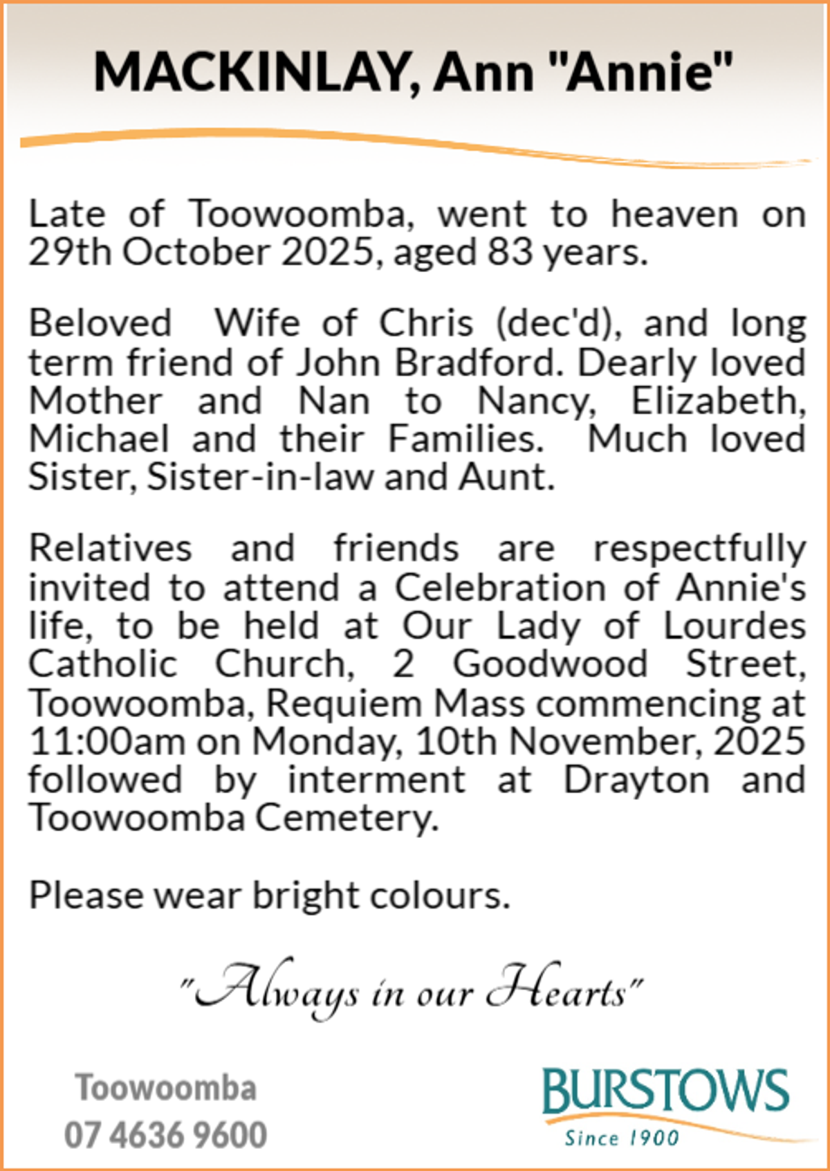 Funeral notice for Ann Mackinlay