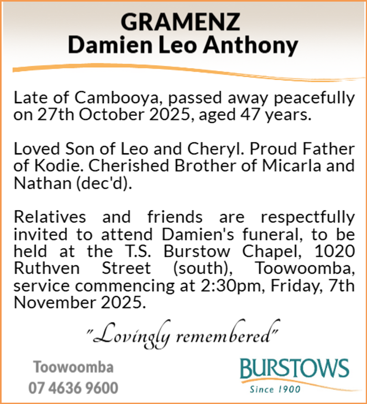 Funeral notice for Damien Leo Anthony Gramenz
