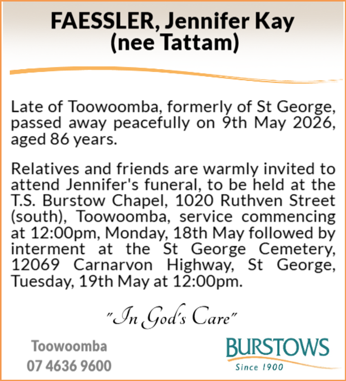 Funeral notice for Jennifer Key Faessler