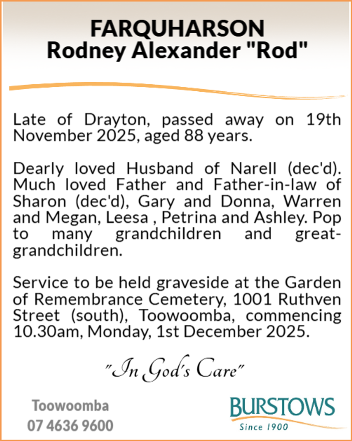 Funeral notice for Rodney Alexander Farquharson