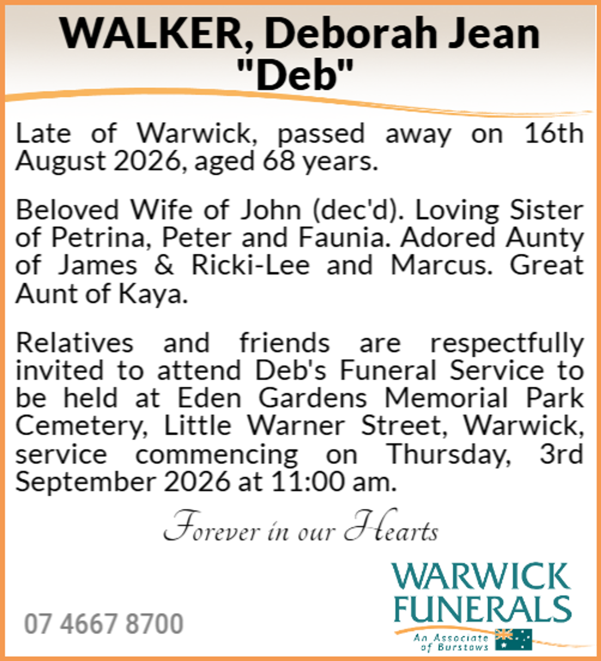 Funeral notice for Deborah Jean Walker