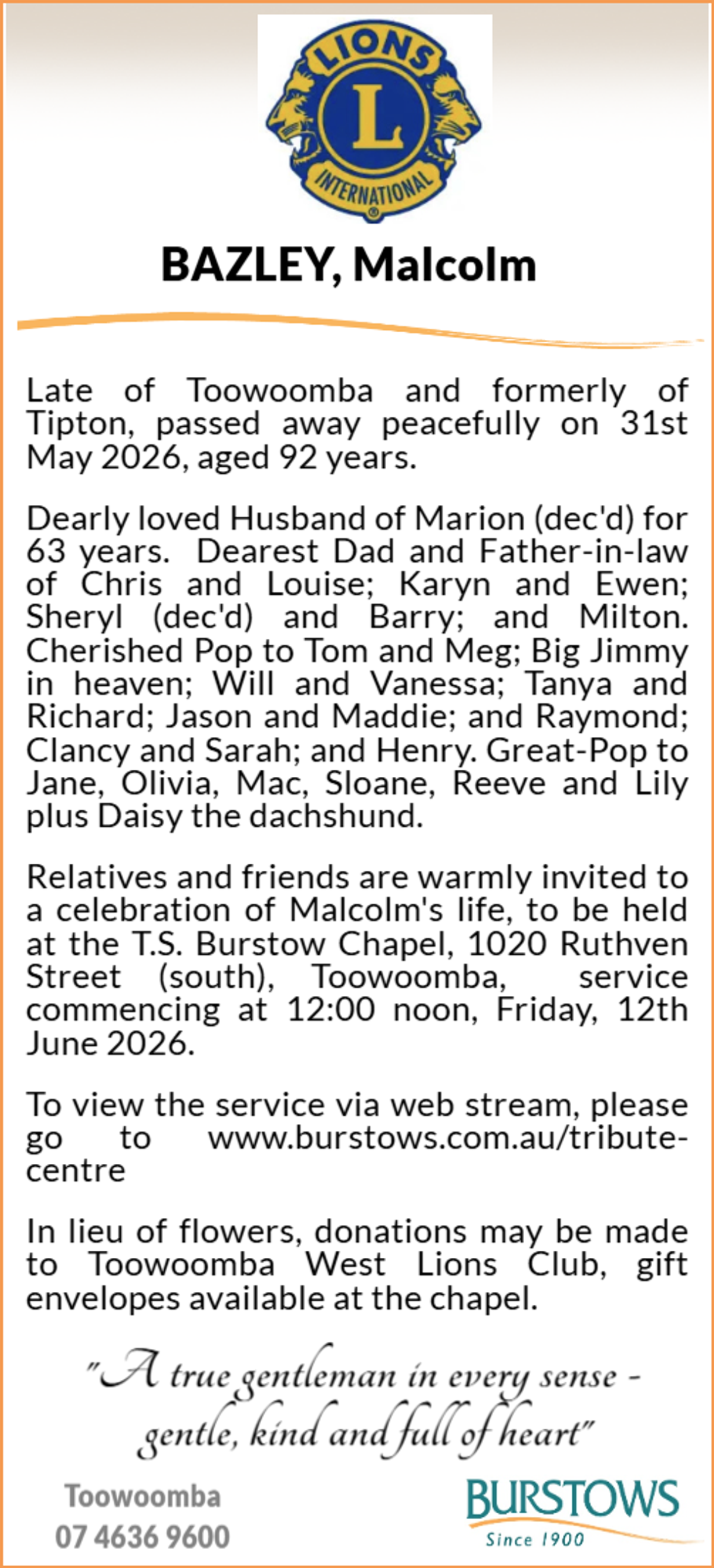 Funeral notice for Malcolm Bazley