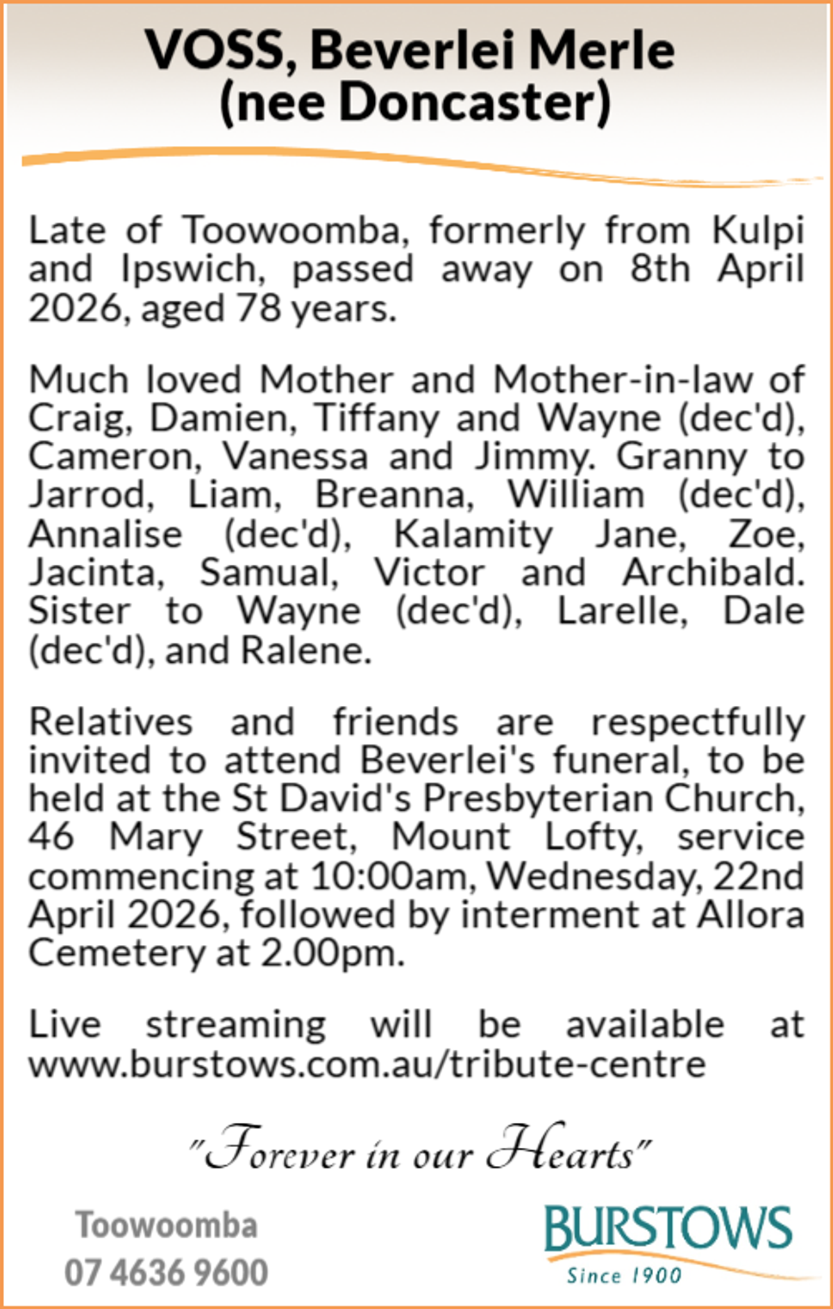 Funeral notice for Beverlei Merle Voss