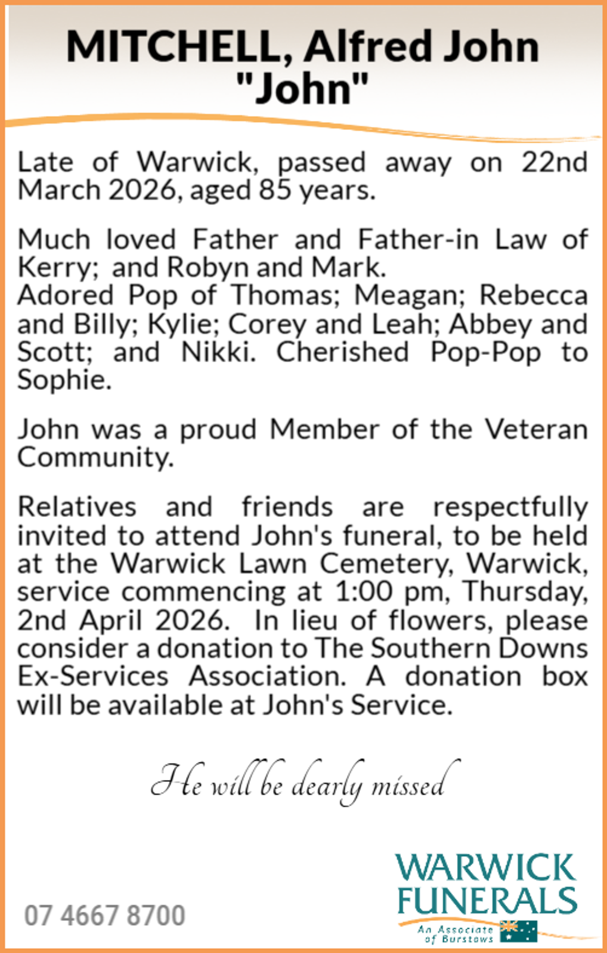 Funeral notice for Alfred John Mitchell