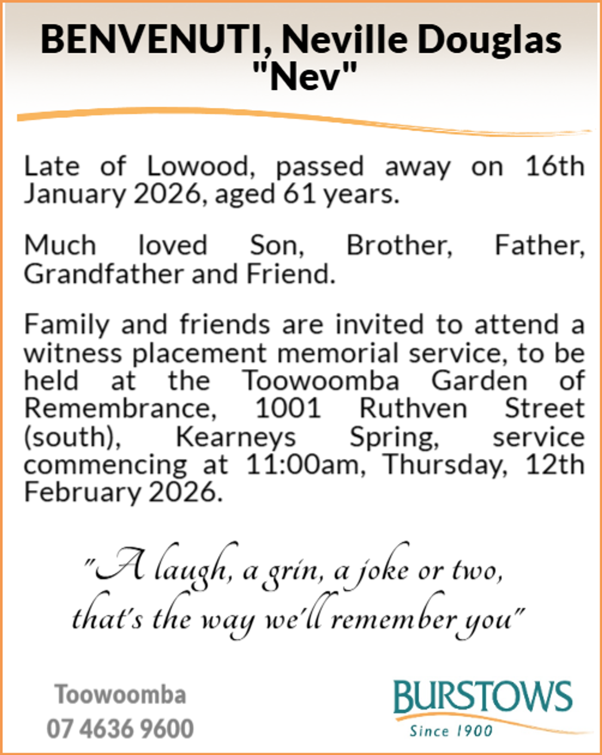 Funeral notice for Neville Douglas Benvenuti