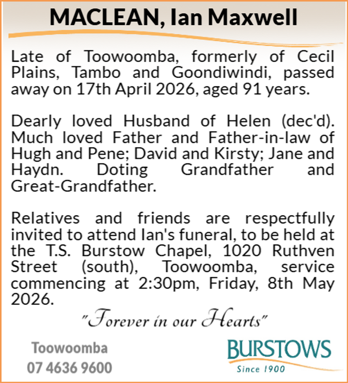 Funeral notice for Ian Maxwell Maclean