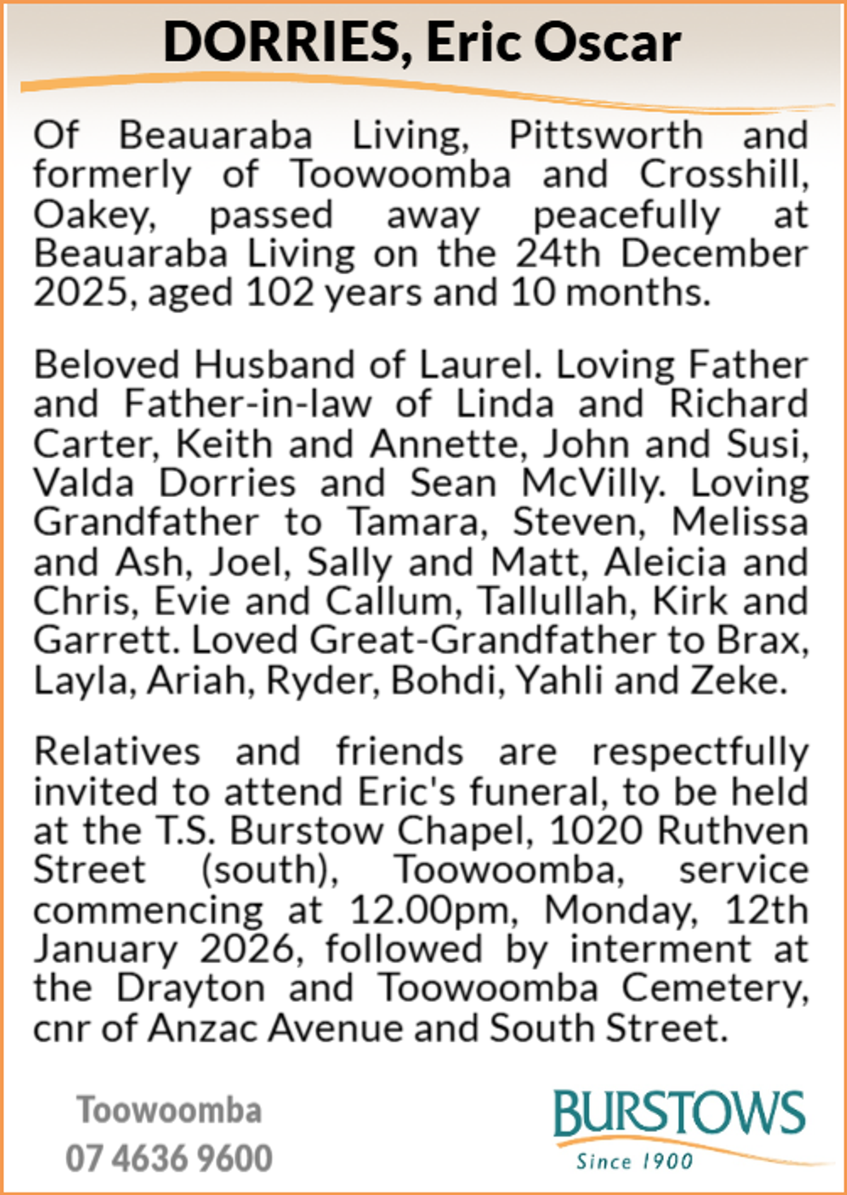 Funeral notice for Eric Dorries