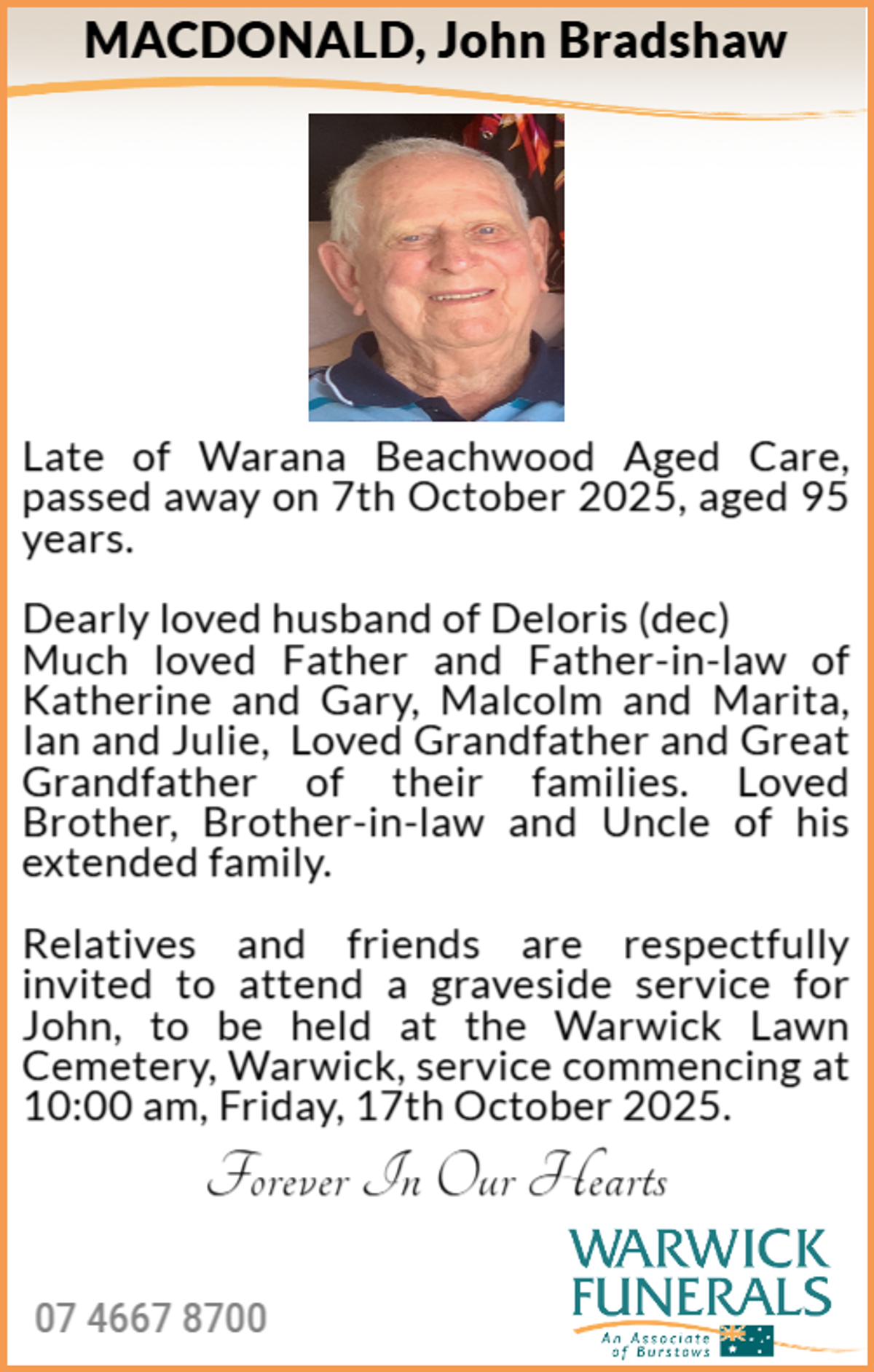 Funeral notice for John Bradshaw Macdonald