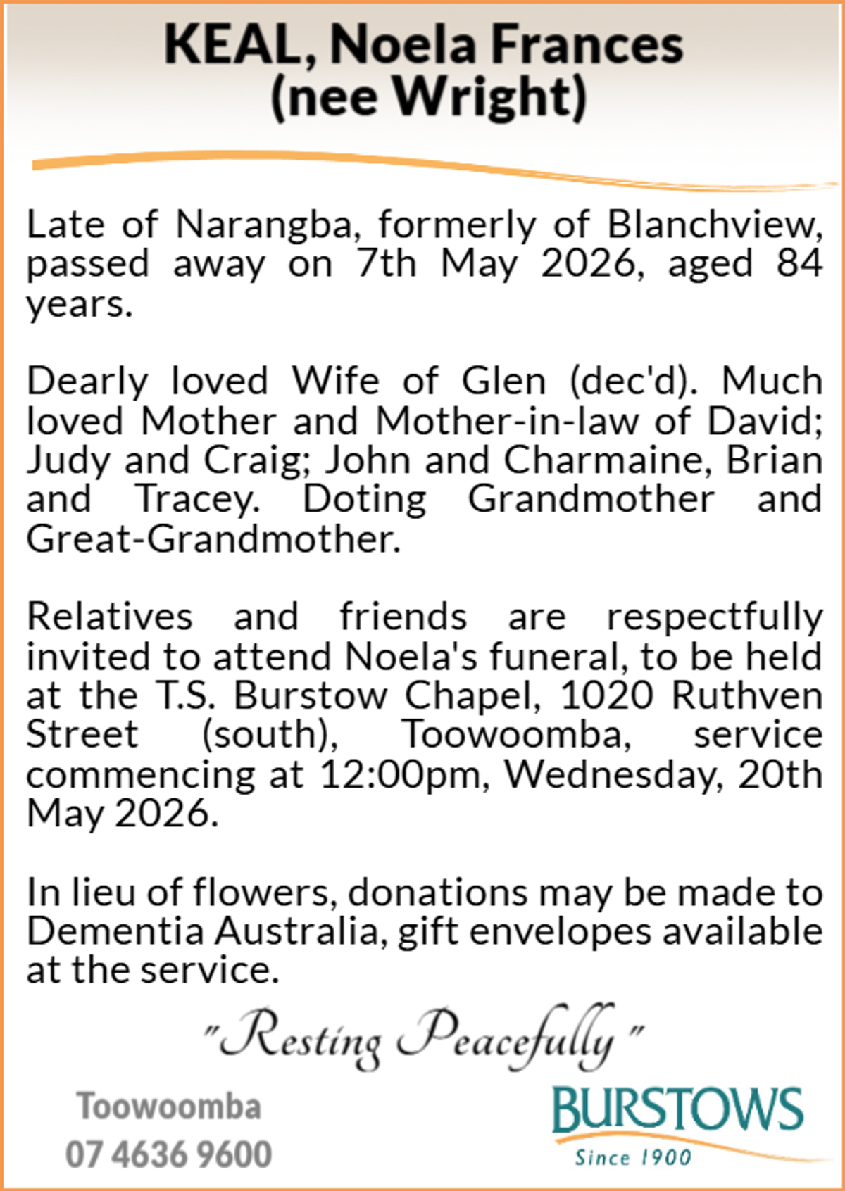 Funeral notice for Noela Frances Keal