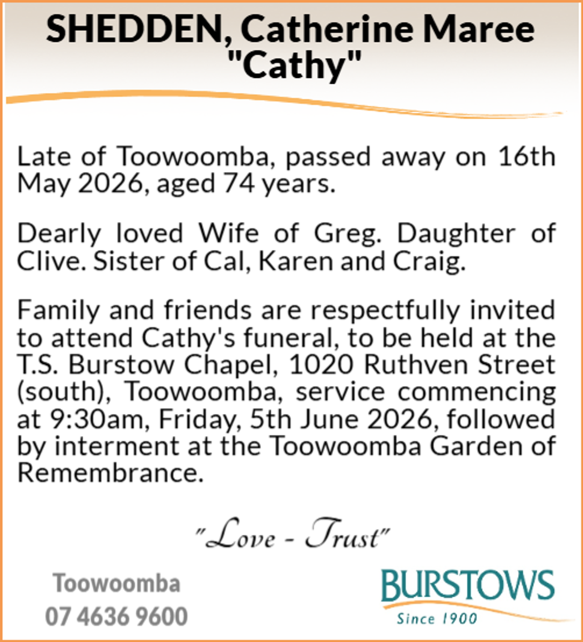 Funeral notice for Catherine Maree Shedden