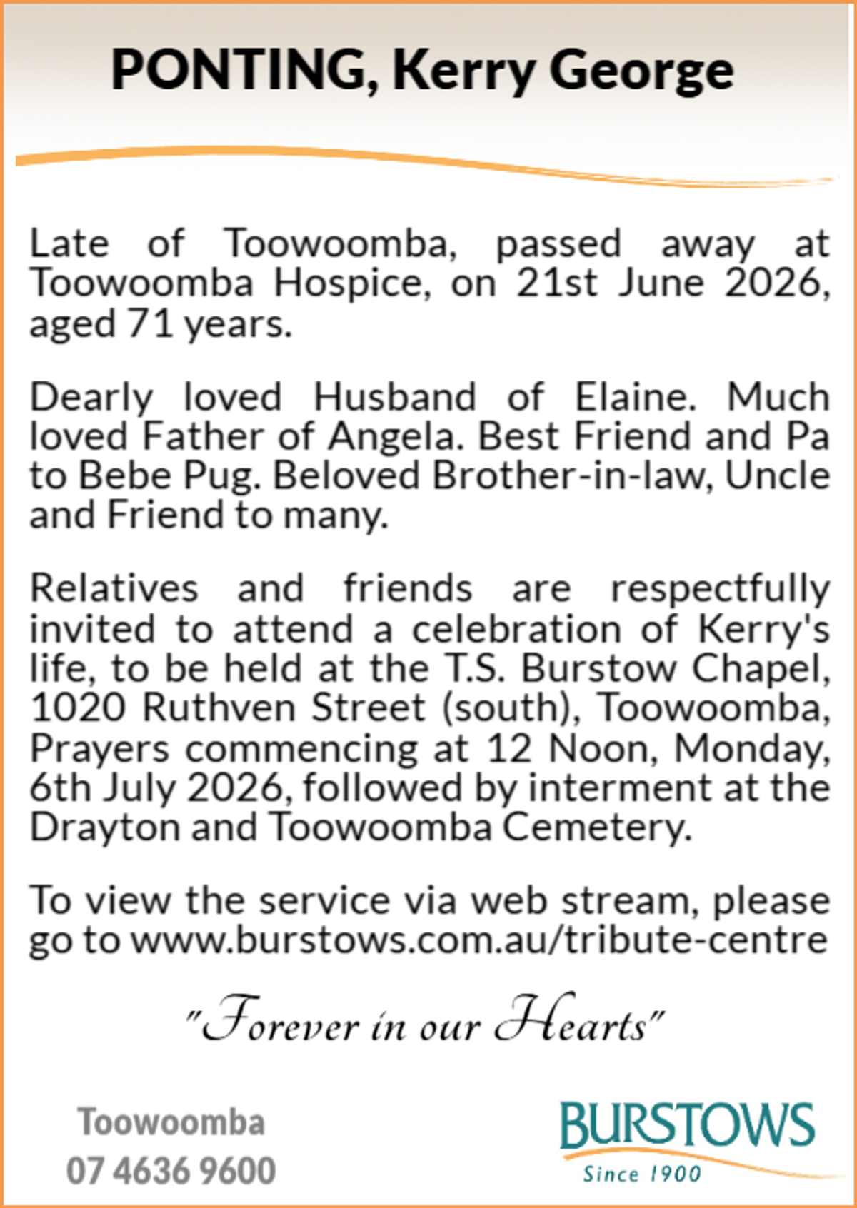 Funeral notice for Kerry George Ponting