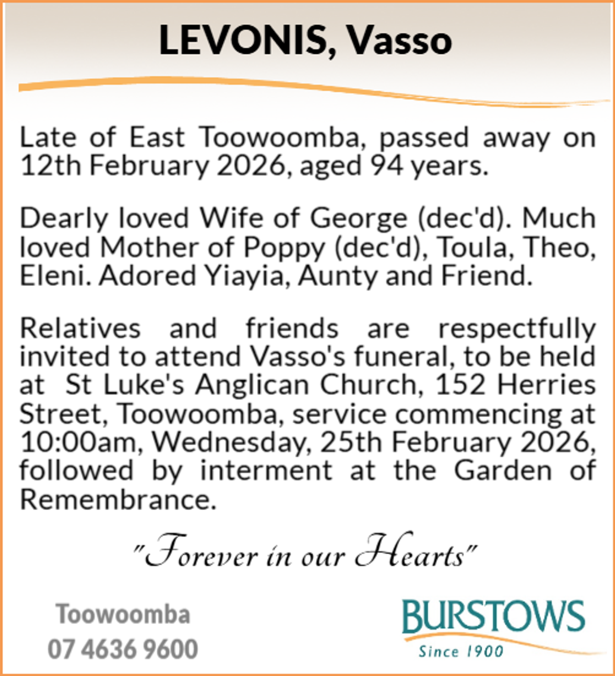 Funeral notice for Vasso Levonis