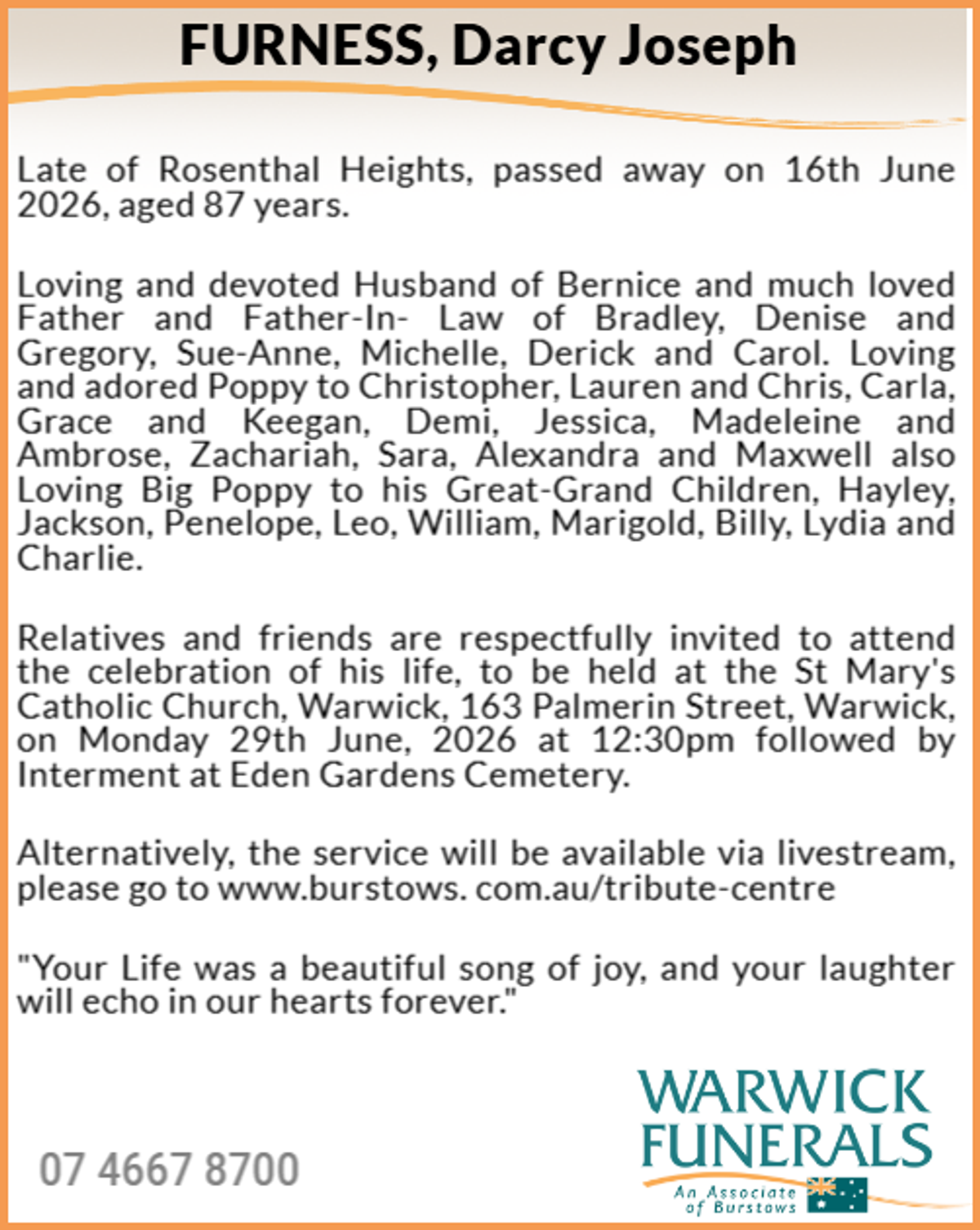 Funeral notice for Darcy Joseph Furness
