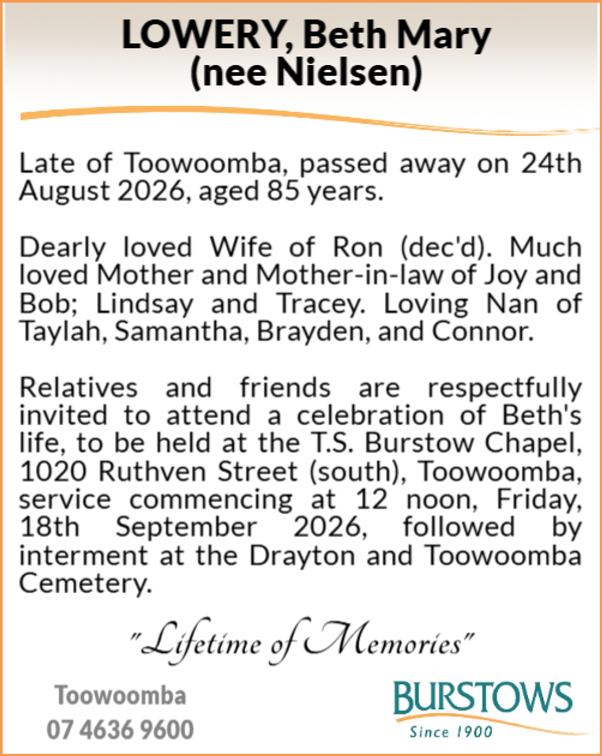 Funeral notice for Beth Mary Lowery