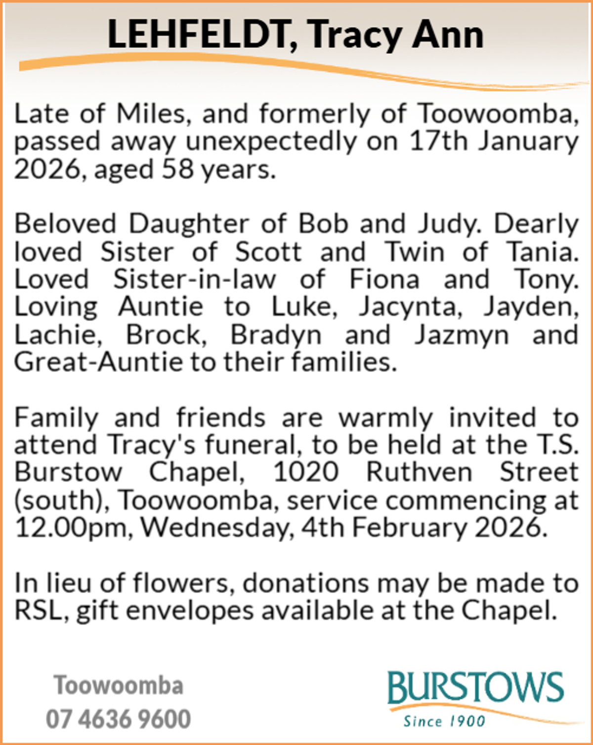 Funeral notice for Tracy Ann Lehfeldt