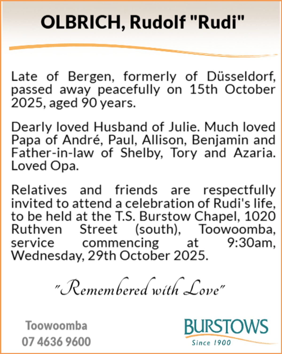 Funeral notice for Rudolf Olbrich
