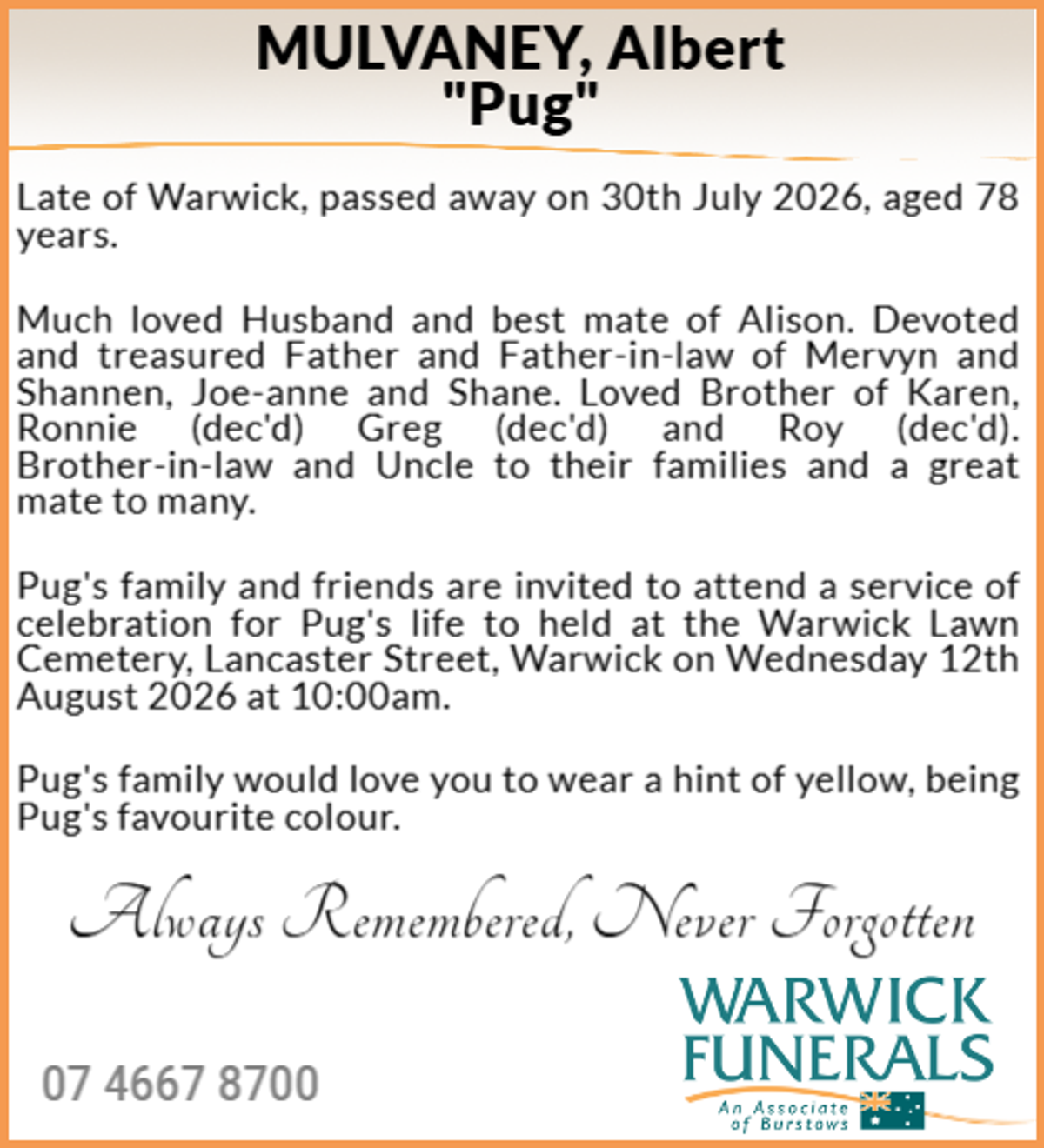 Funeral notice for Albert Mulvaney
