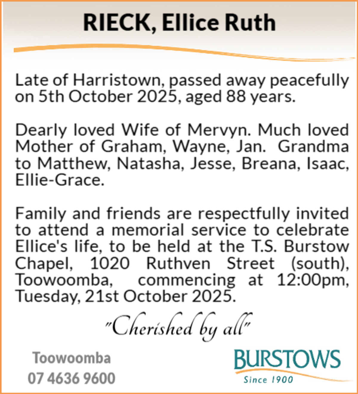 Funeral notice for Ellice Ruth Rieck