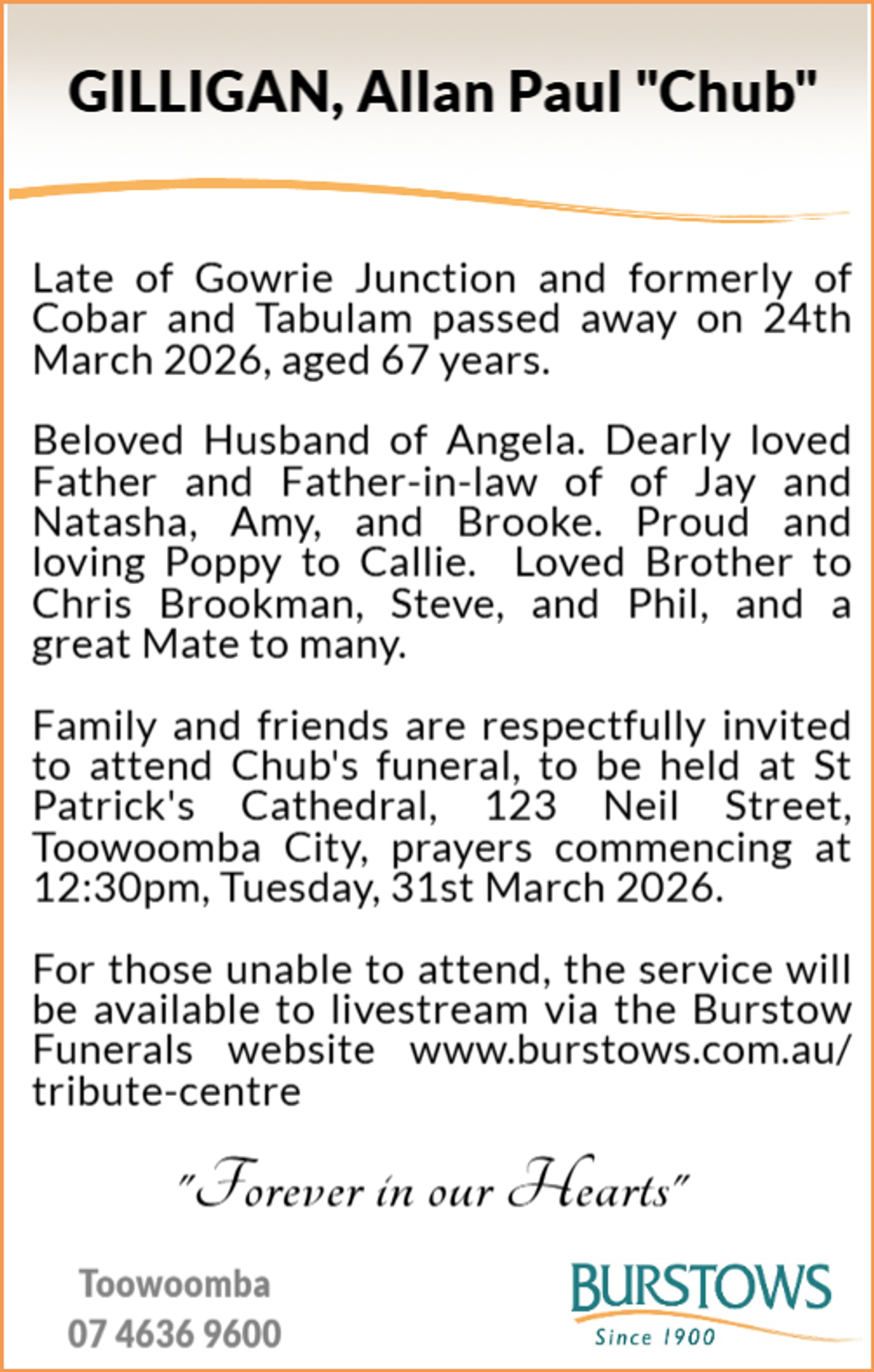 Funeral notice for Allan Paul Gilligan