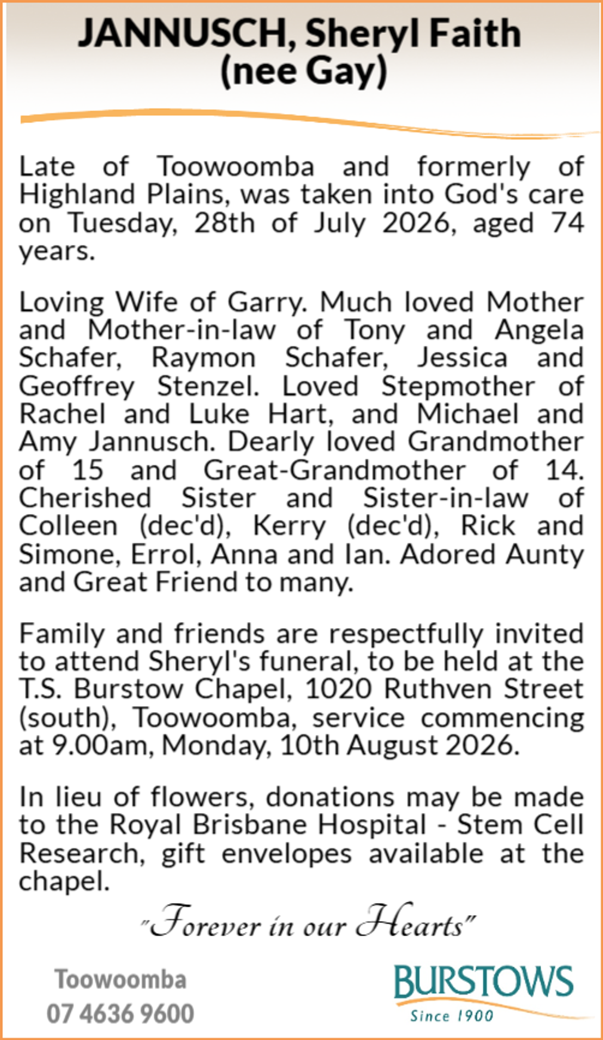 Funeral notice for Sheryl Faith Gay Jannusch