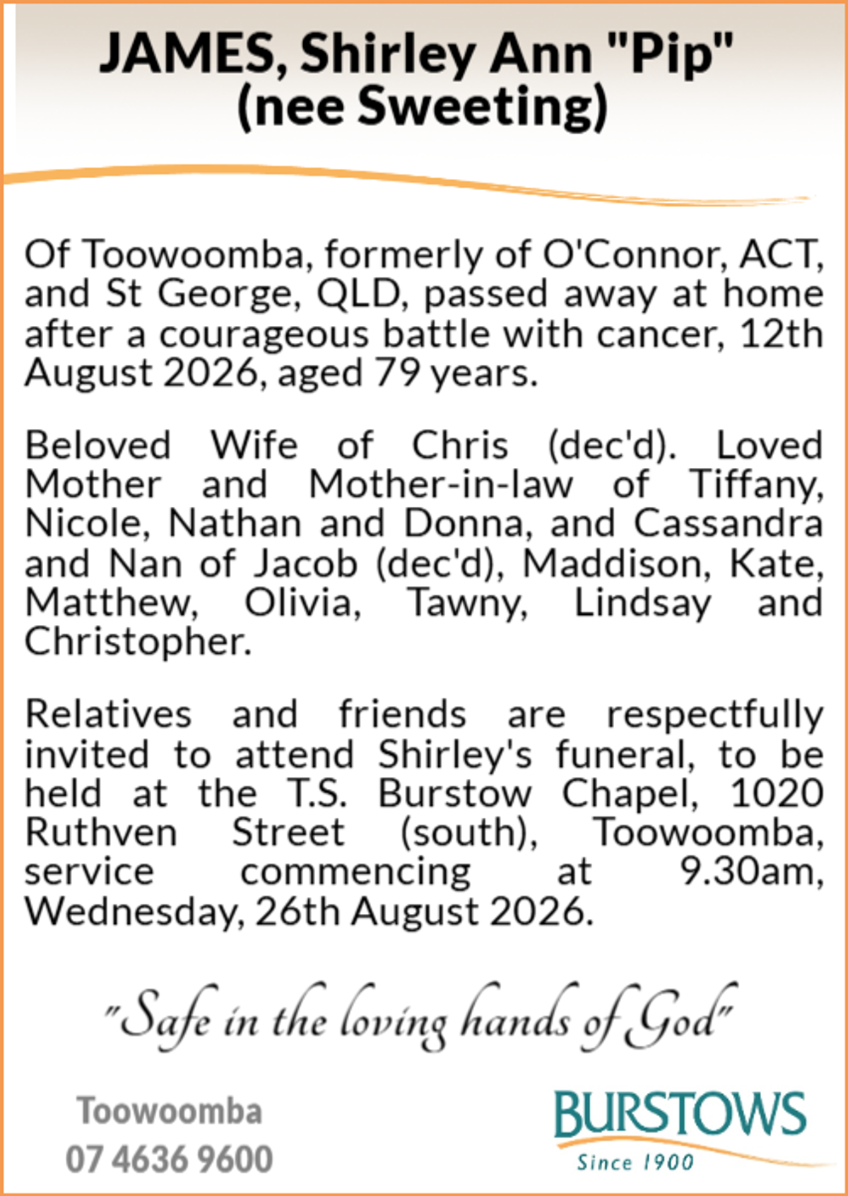 Funeral notice for Shirley Ann James