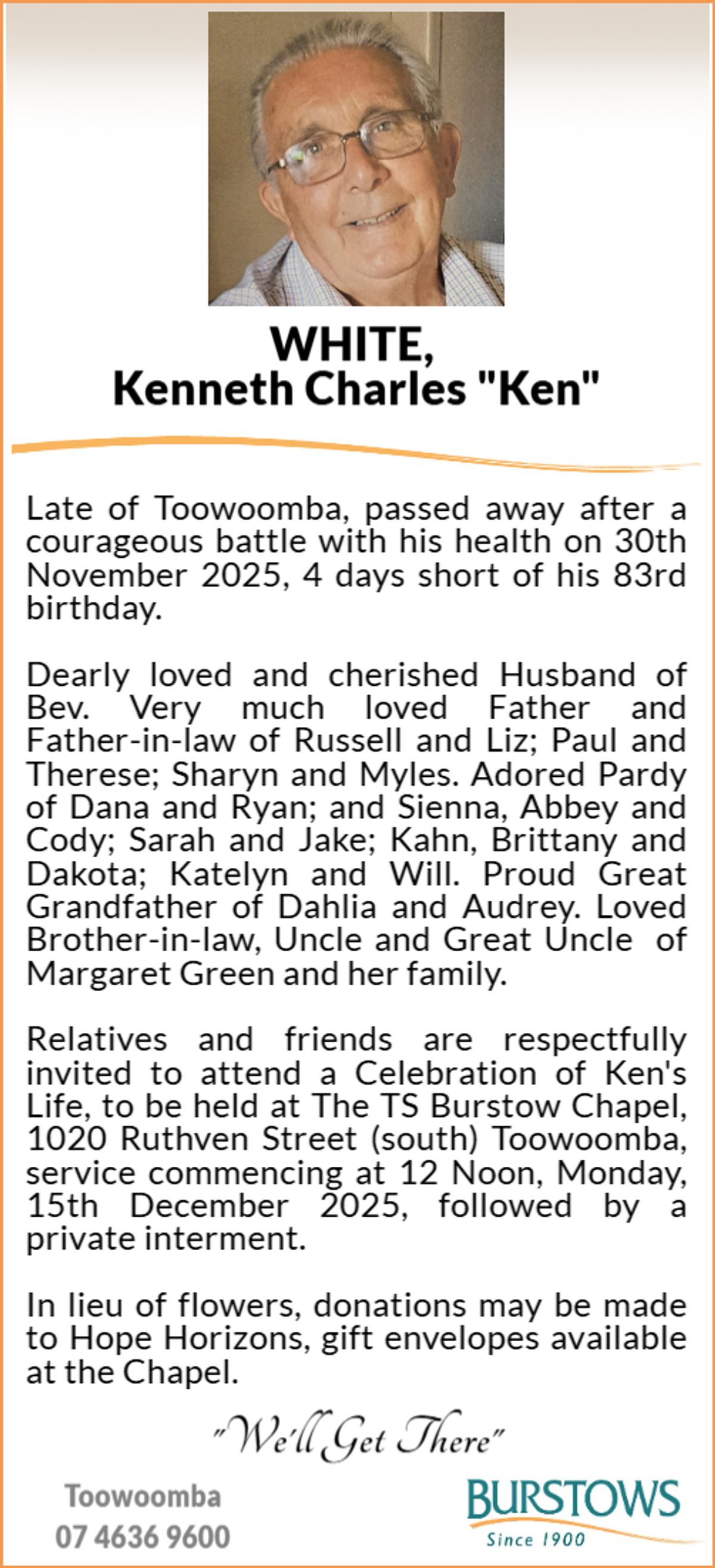 Funeral notice for Kenneth Charles White